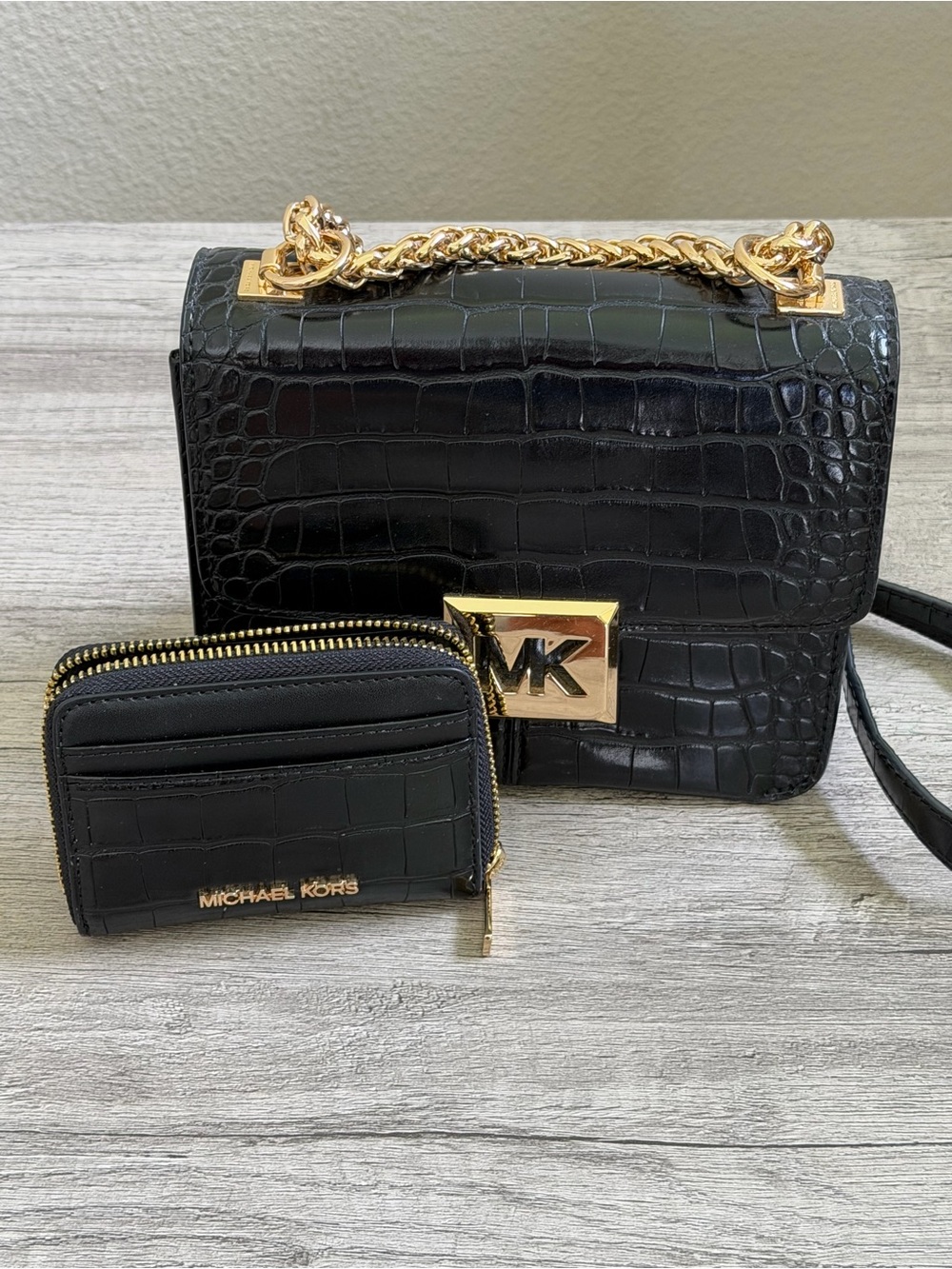 Michael Kors Black Croc-Embossed Leather Shoulder Bag with Wallet